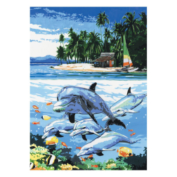 Рисуване по номера с акрилни бои върху платно - 23х30 - Делфини