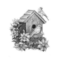 Рисуване графика 23х30 - Птици и къщичка