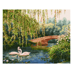 Рисуване по номера с акрилни бои върху платно на подрамка - 40 х 50 - Лебеди в езеро