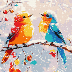 Рисуване по номера с акрилни бои върху платно на подрамка - 30 х 30 см. - Зимни птички
